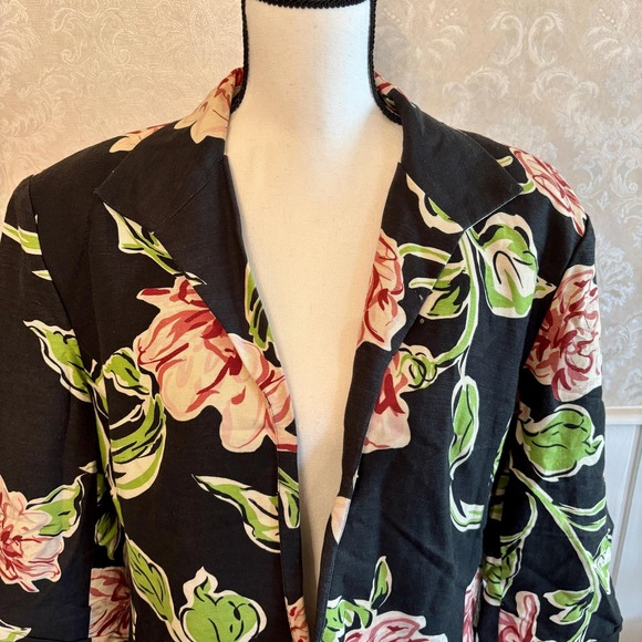 Cute Linen Blend 90s Black No Close Jacket with Large Print Pink Flowers Size 14 - Picture 3 of 10